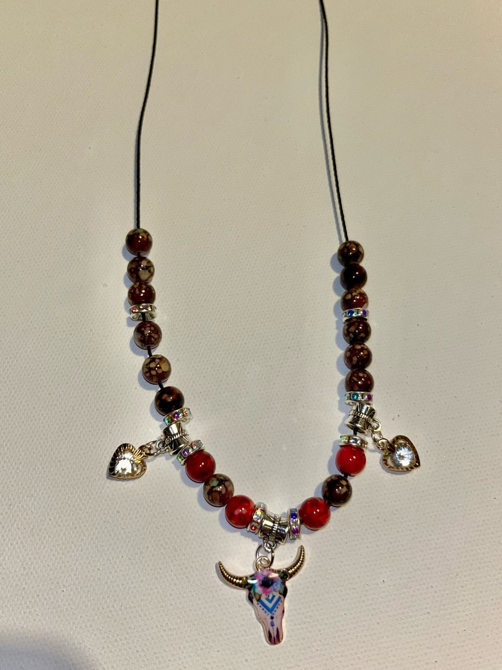 Red & Brown Beaded Bull Skull Pendant Necklace w/Rhinestone Hearts & Accents